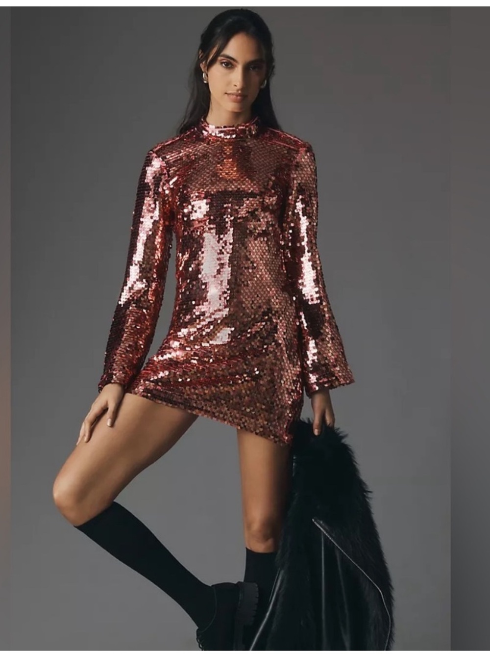 Anthropologie Maeve Long-Sleeve Mock-Neck Sequin Mini Dress